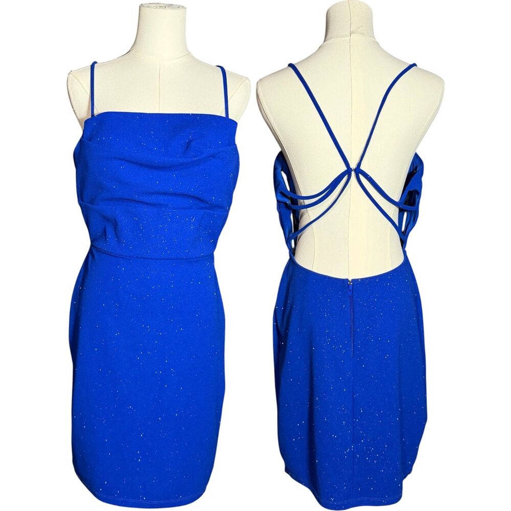 Symphony Glitter Strappy Stretch Blue Homecoming Mini Cocktail Dress Size L(Q04)